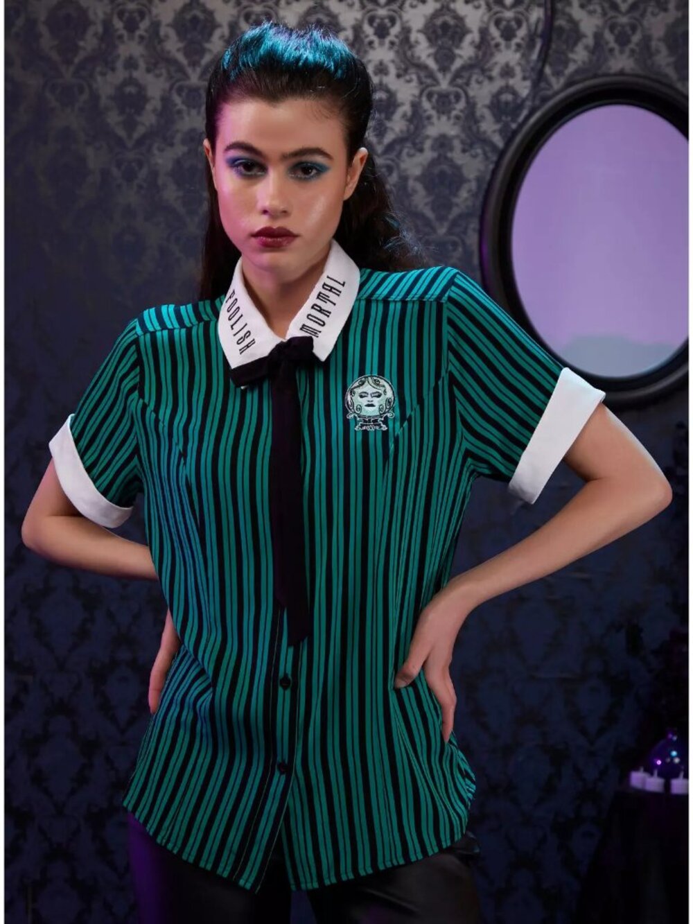 Disney Her Universe Haunted Mansion Leota Stripe Button Up Shirt Size Large NWOT